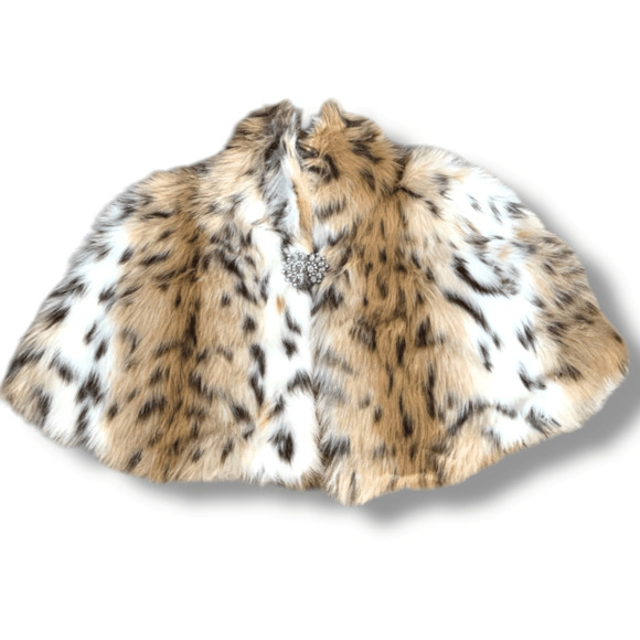 Express Faux Fur Leopard Print Capelet Burgundy Satin Lining Brooch Enclosure - Picture 3 of 13